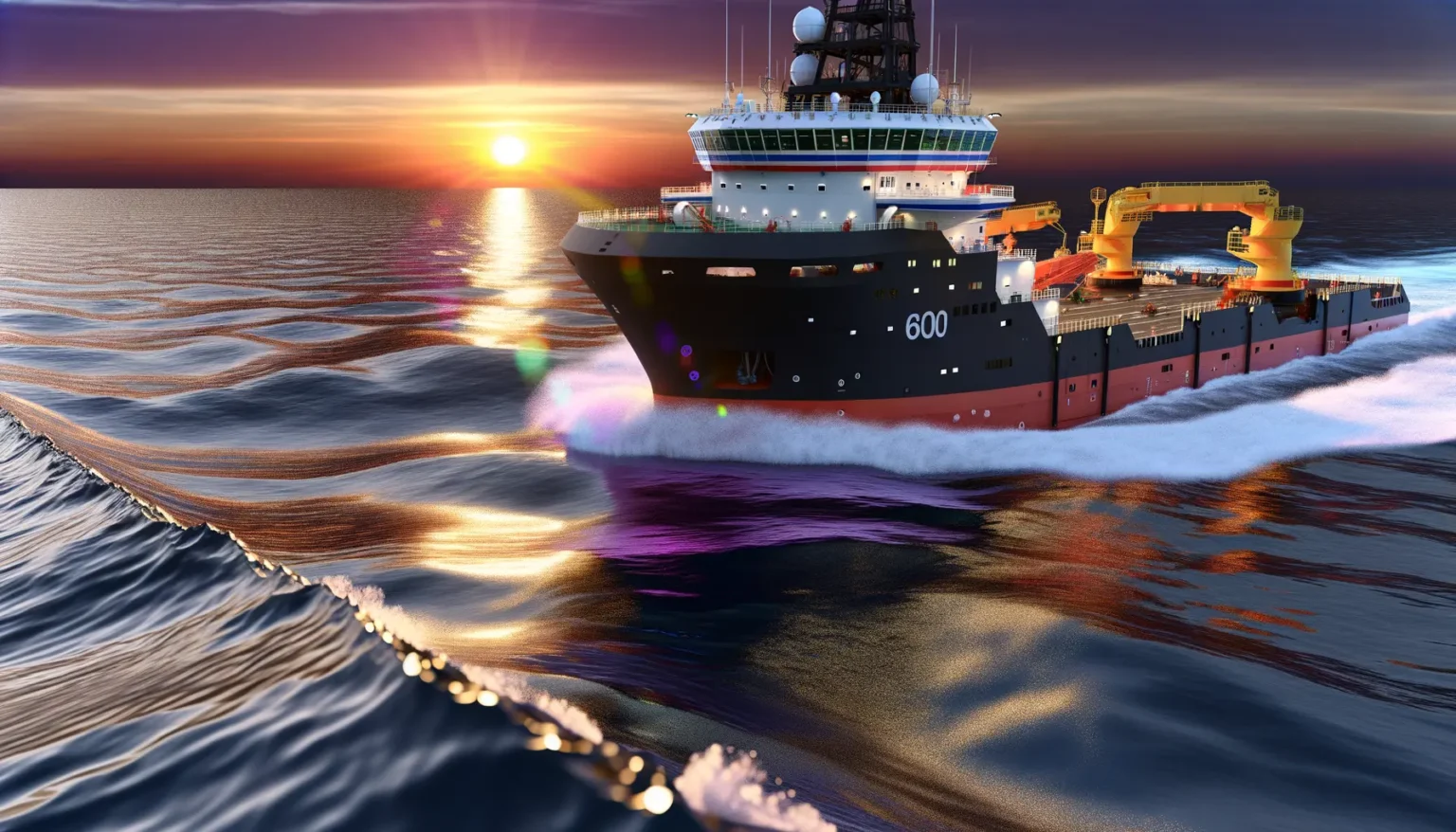 Großes, modernes Forschungsschiff fährt bei Sonnenuntergang auf dem Meer, mit sichtbaren Wellen und Lichtreflexionen auf dem Wasser.