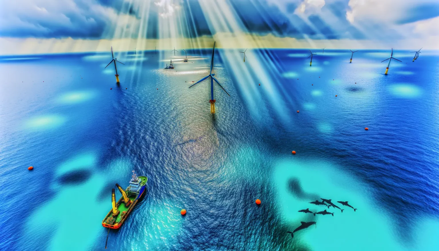 Luftaufnahme einer Gruppe von Offshore-Windkraftanlagen im Meer mit einem Schiff in der Nähe und einer Schule von Delfinen, die durch das klare blaue Wasser schwimmen. Sonnenstrahlen brechen durch die Wolken und erhellen das Meer.