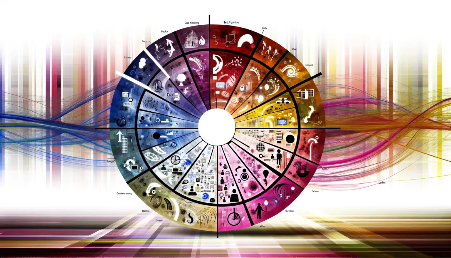 Farbenfrohes, kreisförmiges Diagramm mit verschiedenen Sektionen, die verschiedene wissenschaftliche und technologische Themen darstellen, überlagert von einem Hintergrund mit dynamischen, abstrakten, farbigen Linien und Strukturen.