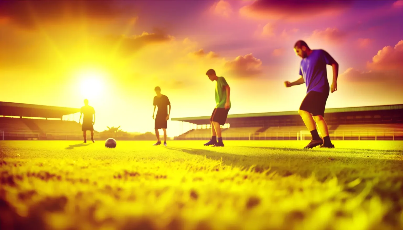 Vier Personen spielen bei Sonnenuntergang Fußball auf einem Rasenplatz. Die tiefstehende Sonne taucht die Szene in ein warmes, goldenes Licht, während im Hintergrund Teile einer Tribüne zu erkennen sind. Die Silhouetten der Spieler heben sich deutlich gegen den hellen Himmel ab.