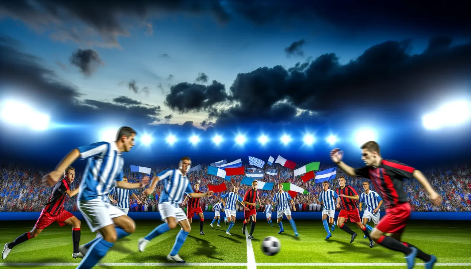 Eine lebendige Szene eines Fußballspiels bei Nacht mit Spielern in blau-weißen und rot-schwarzen Trikots, die intensiv um den Ball kämpfen. Im Hintergrund erheben sich gut beleuchtete Tribünen, gefüllt mit begeisterten Fans, die verschiedenfarbige Flaggen schwenken, unter einem dramatischen dunkelblauen Himmel mit aufziehenden Wolken und Flutlichtern, die das Feld beleuchten.