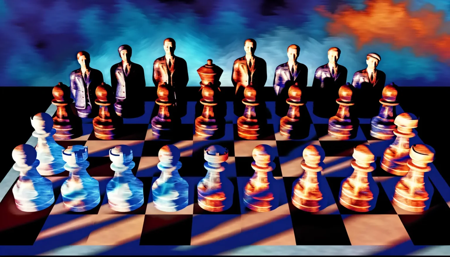Digitales Kunstwerk mit Schachfiguren, die Gesichter von Menschen in Anzügen haben, auf einem Schachbrett vor einem abstrakten Hintergrund in Blau- und Orangetönen.
