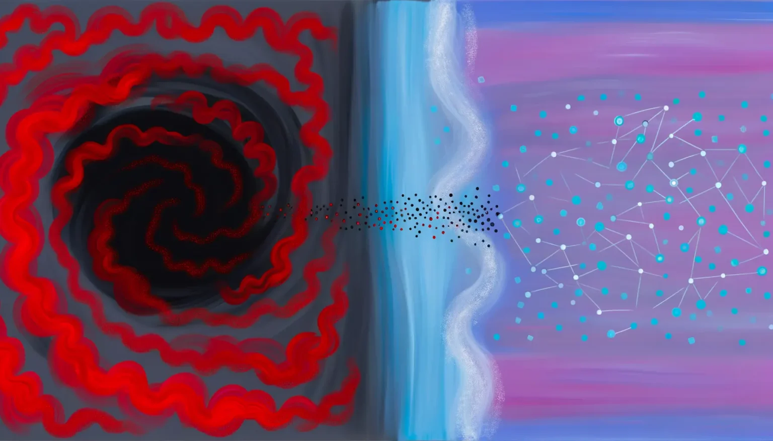 Abstrakte digitale Kunst mit kontrastreichen Elementen: Ein Spiralmuster mit roten und schwarzen Tönen auf der linken Seite, ein Bereich mit vertikaler blauer und weißer Streifung in der Mitte, der in eine Musterung von schwarzen Punkten übergeht, und eine Netzstruktur mit verbundenen blauen Punkten auf einem rosa-lila Hintergrund rechts.