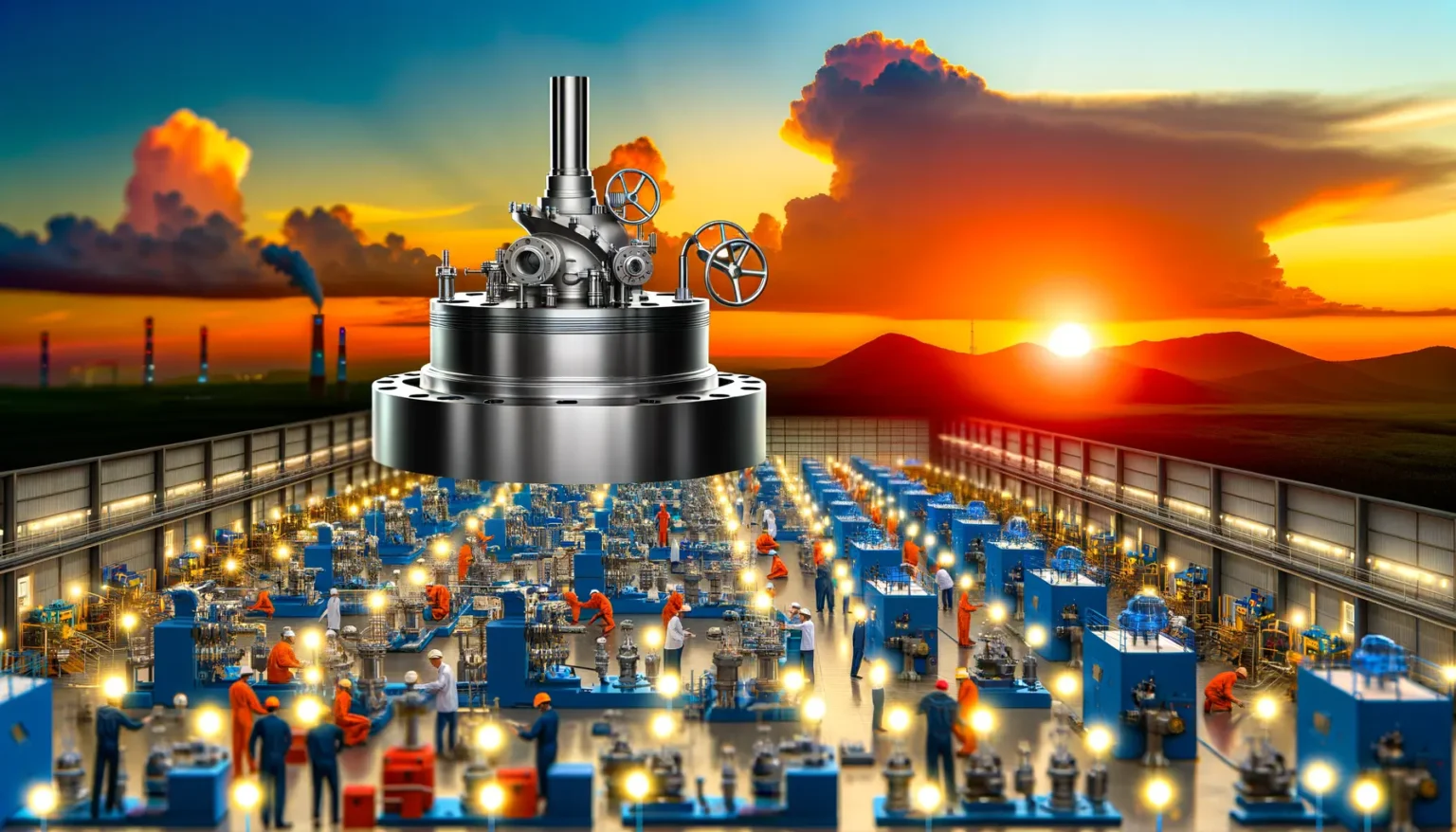 Eine Futuristische Darstellung einer Fabrikhalle mit zahlreichen Arbeitern an verschiedenen Maschinen, überlagert von einem großen Ventil im Vordergrund und einem dramatischen Sonnenuntergang im Hintergrund, der über einer industrielandschaftlichen Szenerie mit rauchenden Schloten aufgeht.