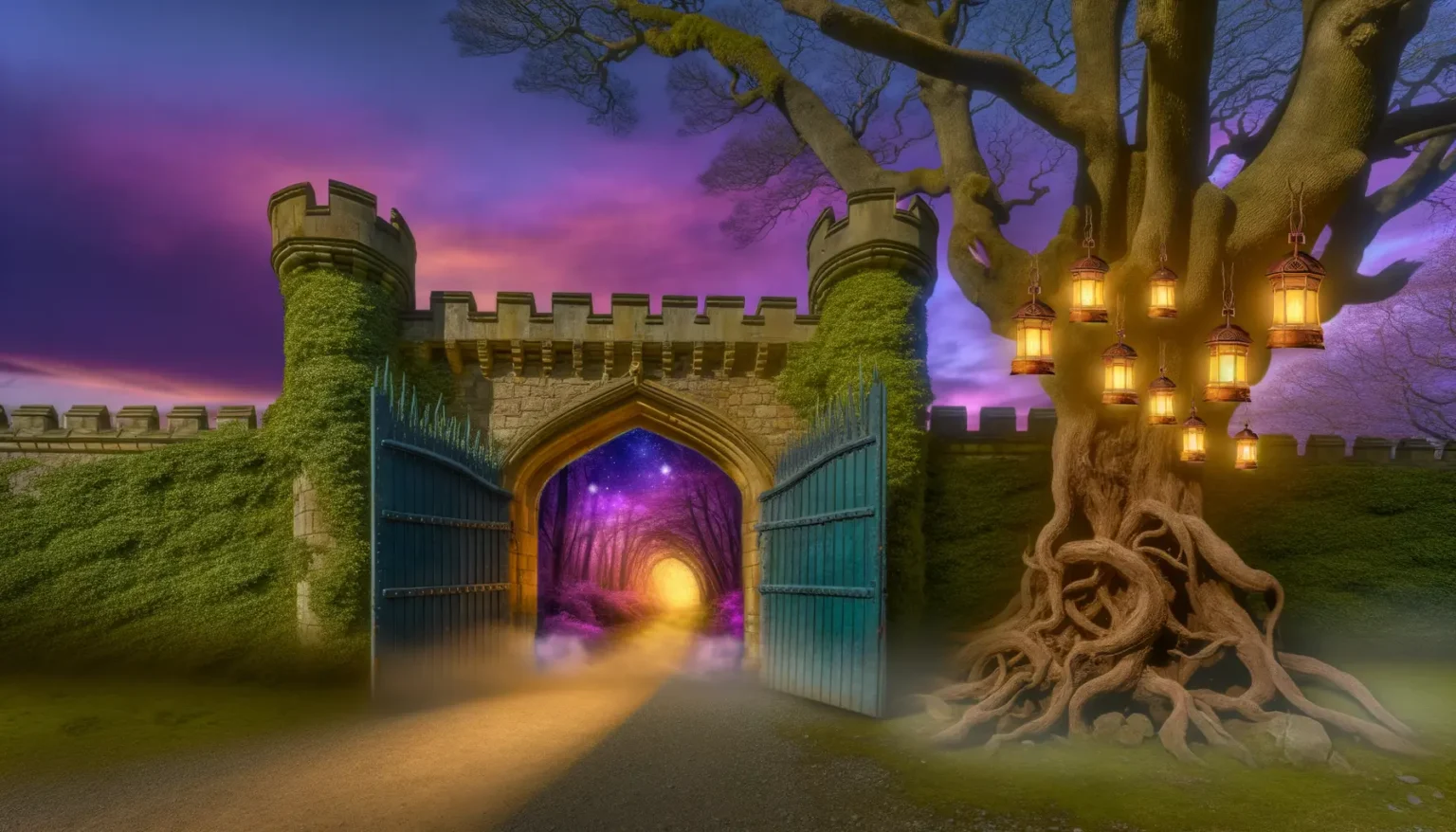 Ein verzaubert wirkendes Tor eines Schlosses bei Dämmerung mit geöffneten blauen Holztüren, die in einen geheimnisvoll leuchtenden Tunnel führen. Umsäumt wird der Eingang von einer mit Efeu bewachsenen Mauer und einem alten, knorrigen Baum, an dem mehrere Laternen hängen. Der Himmel über der Szene zeigt eine Mischung aus purpurnen und blauen Farbtönen, die eine mystische Atmosphäre erzeugen.