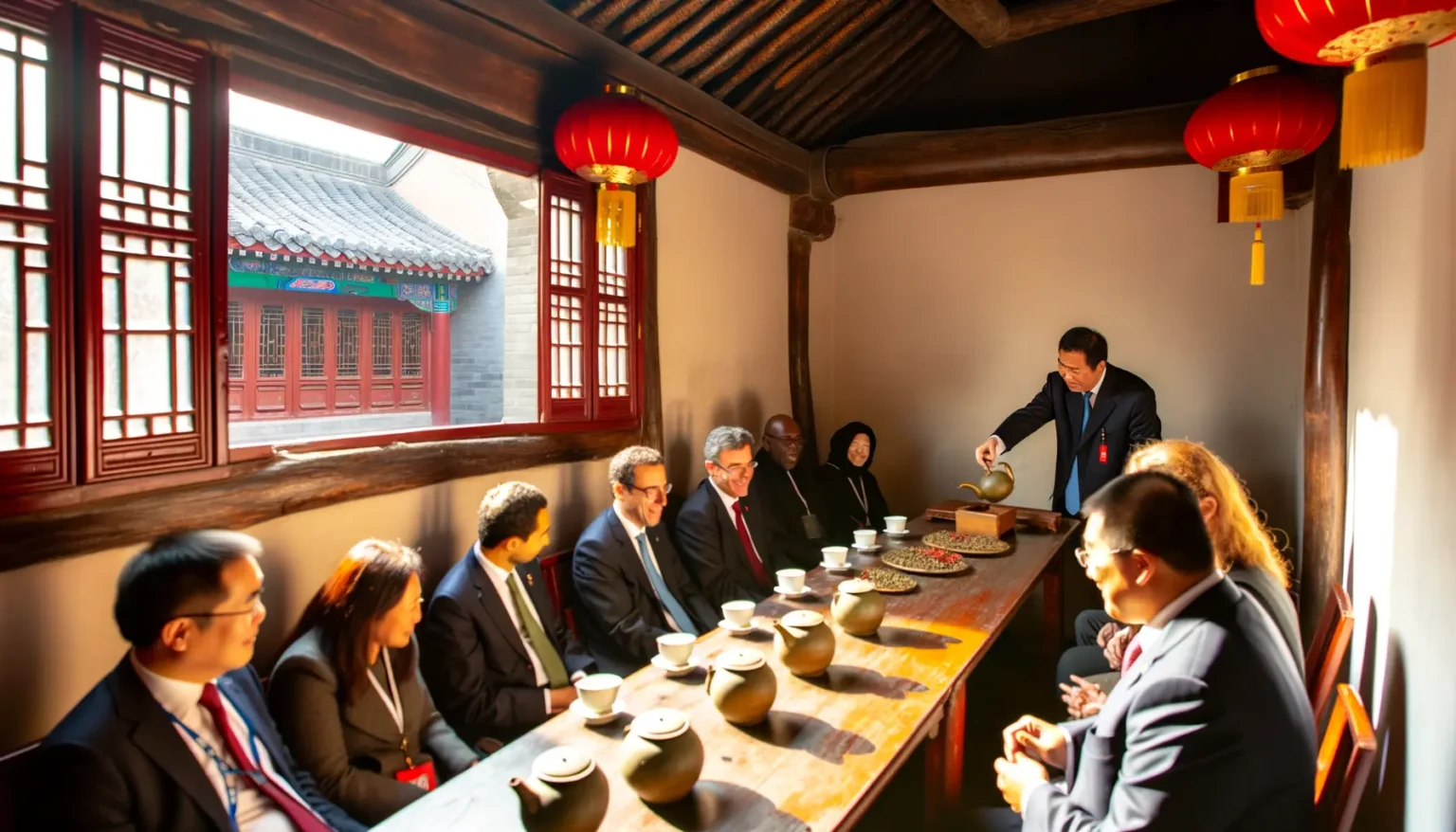 Eine Gruppe von Personen unterschiedlicher ethnischer Herkunft sitzt an einem traditionellen chinesischen Teetisch, während ein Mitarbeiter eine Teekanne gießt. Sie befinden sich in einem Raum mit Holzbalken und roten Papierlaternen, der Sonnenlicht durch ein Fenster hereinlässt. Draußen ist ein Gebäude mit chinesischer Architektur sichtbar.