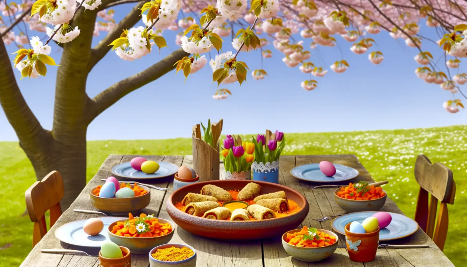 Ein frühlingshaft gedeckter Tisch im Freien mit einem Osterfest-Motiv: Bunte Eier und frische Tulpen in einem Korb, verschiedene Schüsseln mit Speisen und weitere Ostereier verteilt auf dem Tisch. Im Hintergrund blüht ein Kirschbaum in voller Pracht unter einem strahlend blauen Himmel mit einer weitläufigen Wiese im Hintergrund.