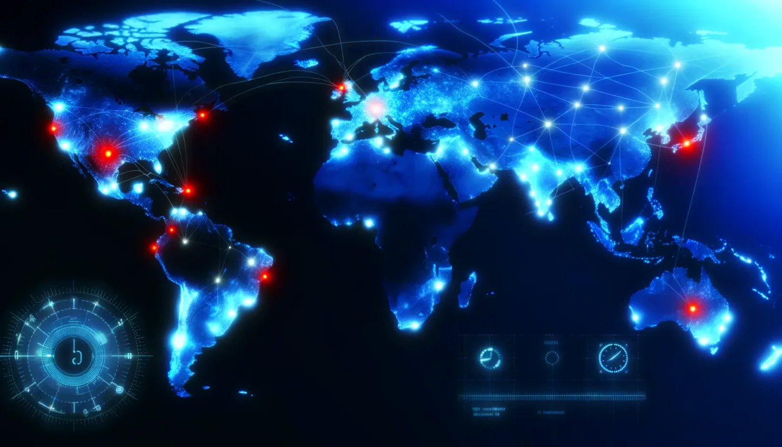 Eine stilisierte Weltkarte in dunkelblauen und neonglühenden Tönen, die globale Netzwerkverbindungen mit leuchtenden Linien und Knotenpunkten zeigt, begleitet von futuristischen digitalen Benutzeroberflächenelementen.