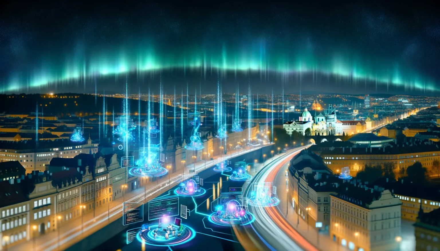 Nächtliche Stadtansicht mit futuristischen digitalen Überlagerungen, Hologrammen und Netzwerkverbindungen, die über den Gebäuden schweben, unter einem sternenklaren Himmel mit Nordlichtern.