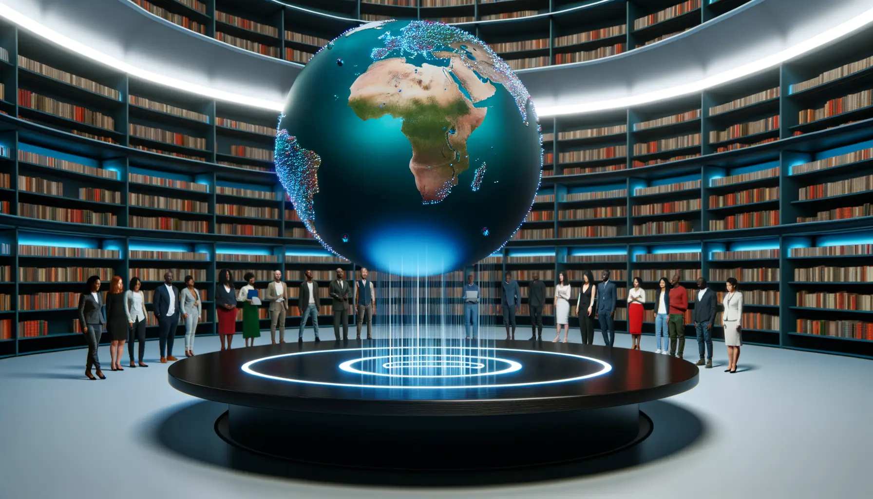 Futuristische Globuskugel in moderner Bibliothek