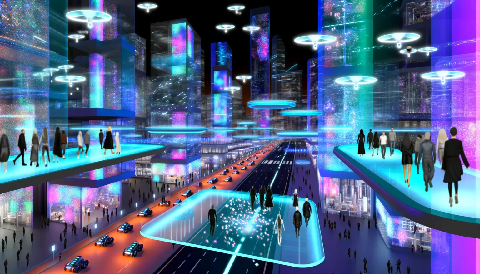 Digitale Kunst einer futuristischen Stadt bei Nacht mit lebendigen, bunten Lichtern, hoch aufragenden Gebäuden mit glitzernden Fassaden und fliegenden Fahrzeugen. Menschen gehen auf transparenten, erhöhten Gehwegen, während unten futuristische Autos auf mehreren Ebenen fahren.