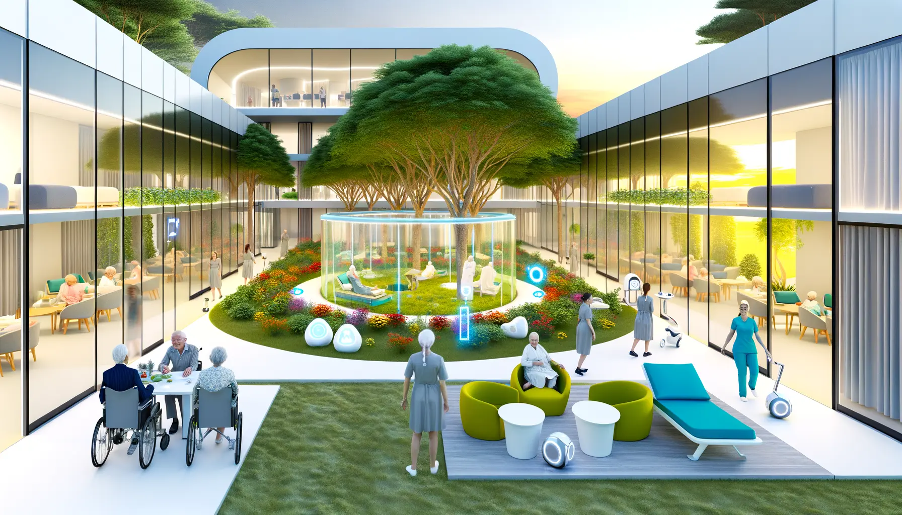 Futuristische Pflegeinfrastruktur mit Garten