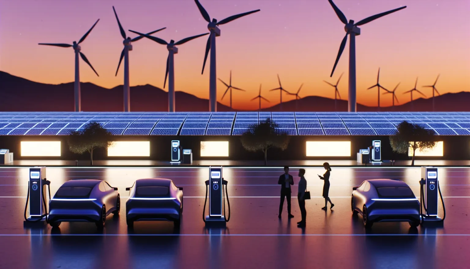 Ein futuristisches Ladeszenario mit Elektroautos an Ladestationen vor einer Kulisse von Windkrafträdern und Solarpaneelen während eines Sonnenuntergangs, wobei Silhouetten von Personen zwischen den Autos interagieren.