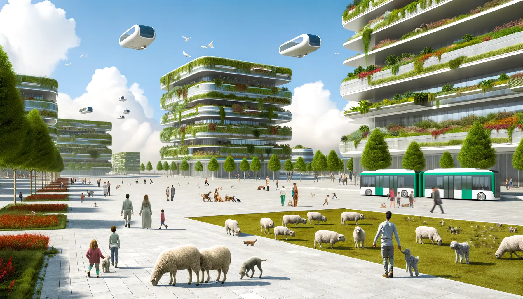 Futuristische Stadtszene, die Harmonie zwischen Natur und moderner Architektur zeigt