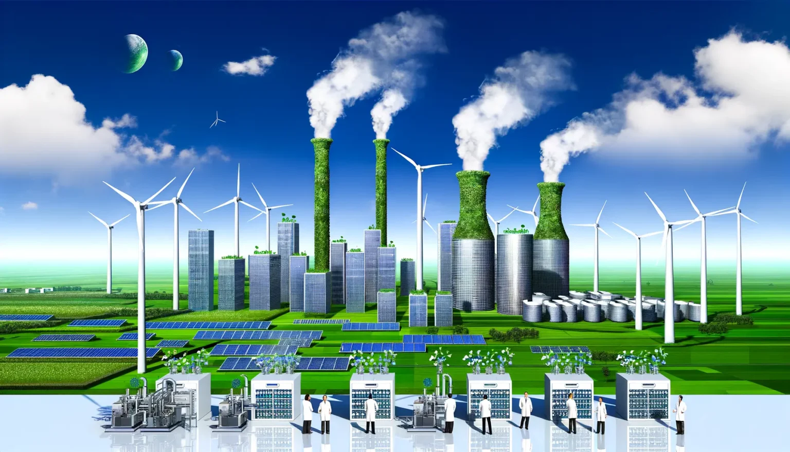 Eine futuristische Darstellung eines nachhaltigen Energieparks mit Windkraftanlagen, Solarpaneelen, grünen Hochhäusern mit Pflanzenbewuchs und industriellen Anlagen. Im Hintergrund sieht man eine saubere, grüne Landschaft unter blauem Himmel mit zwei Monden. Im Vordergrund gibt es Wissenschaftler, die an verschiedenen technologischen Stationen arbeiten.