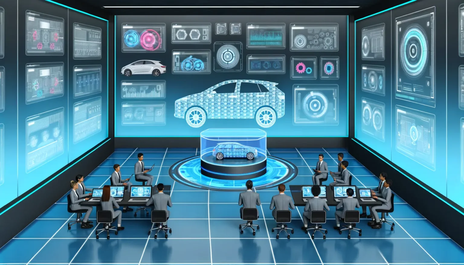 Futuristische Darstellung eines High-Tech-Kontrollraums für Fahrzeugdesign und -überwachung mit Personen an Arbeitsstationen, umgeben von mehreren Bildschirmen mit grafischen Benutzeroberflächen und einem holographischen Auto in der Mitte.