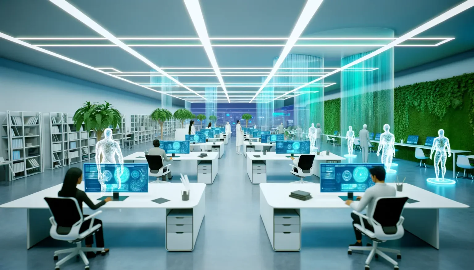 Modernes Büro mit futuristischer Ausstattung und Design. Die Szene zeigt Personen, die an weißen Schreibtischen mit Computerbildschirmen arbeiten. Überall sind holographische Projektionen und interaktive Bildschirme zu sehen. Der Raum ist mit blauen und weißen LED-Leisten beleuchtet, und es gibt lebendige Pflanzenwände für eine grüne Atmosphäre. Transparente holographische Figuren, die wie virtuelle Assistenten aussehen, interagieren mit einigen der Mitarbeiter.