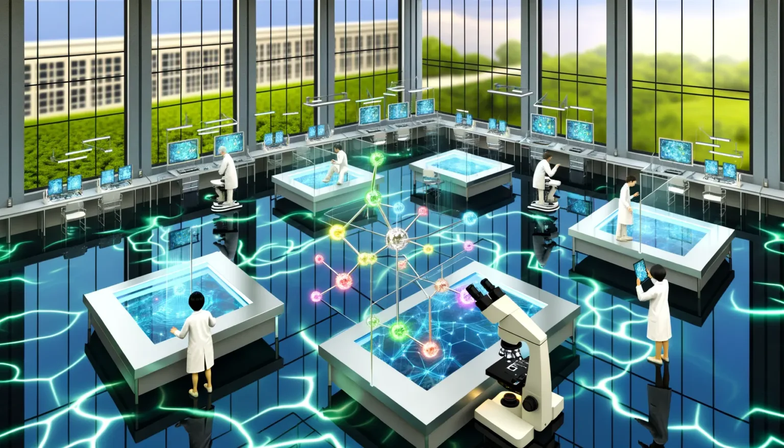 Futuristisches Labor mit Wissenschaftlern in weißen Kitteln, die an fortschrittlichen interaktiven Arbeitsstationen mit transparenten Bildschirmen und holographischen Displays arbeiten. Der Raum ist hell und modern, mit großen Fenstern, die auf eine grüne Landschaft hinausgehen, und einem glänzenden Boden, der mit leuchtenden digitalen Linien durchzogen ist.
