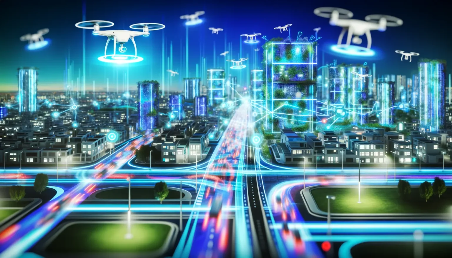 Eine futuristische Stadt bei Nacht mit fortgeschrittenen Technologien, darunter mehrere schwebende Drohnen im Himmel und beleuchtete Hochhäuser mit integrierter Vegetation. Leuchtende Fahrspuren zeigen schnelle Bewegungen von Fahrzeugen auf komplexen Straßennetzen, während digitale Netzwerkverbindungen und Datenströme durch die Luft visualisiert werden, was auf eine hochvernetzte und automatisierte urbane Umgebung hinweist.
