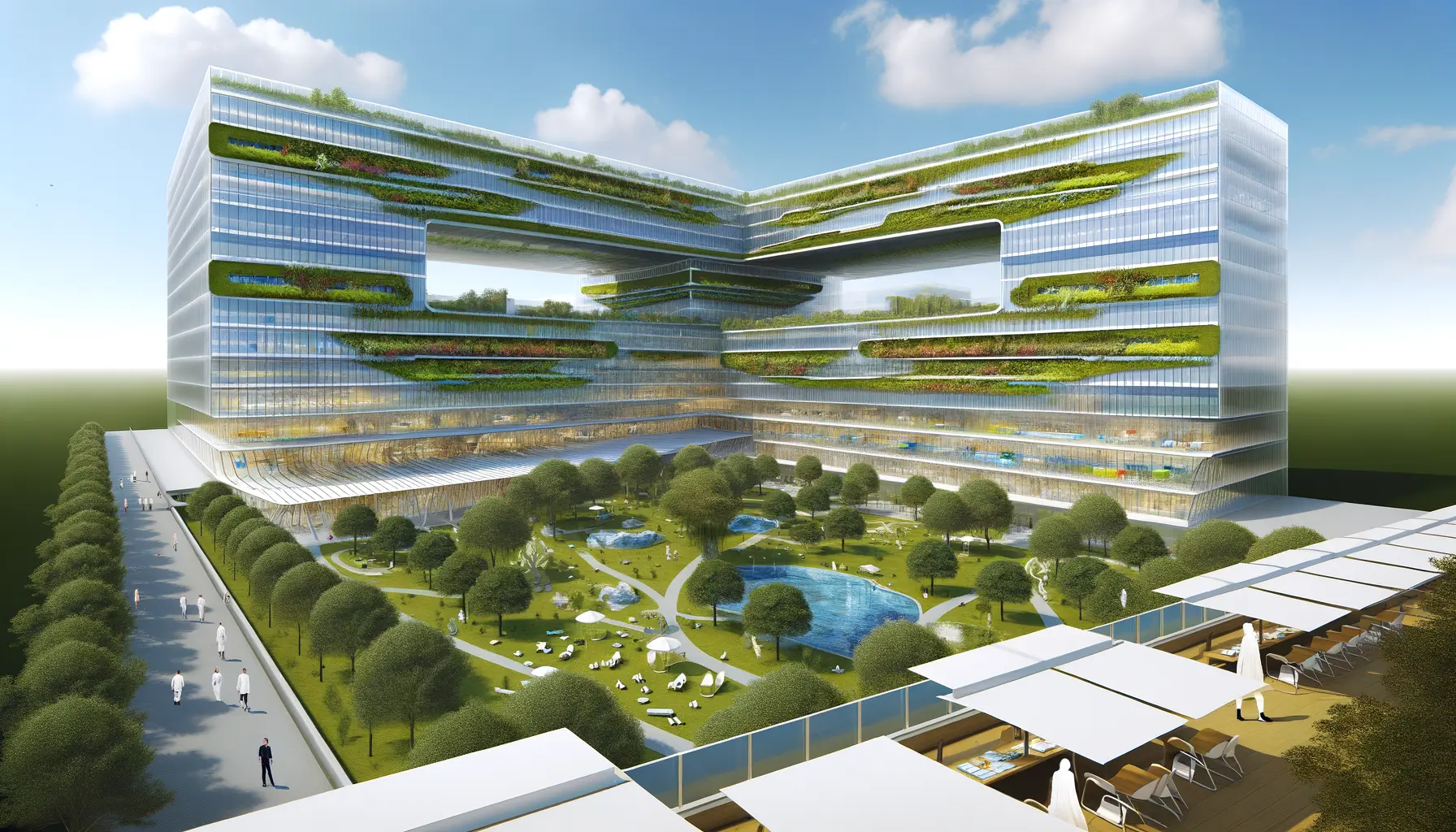Futuristisches, nachhaltiges Krankenhaus umgeben von Natur