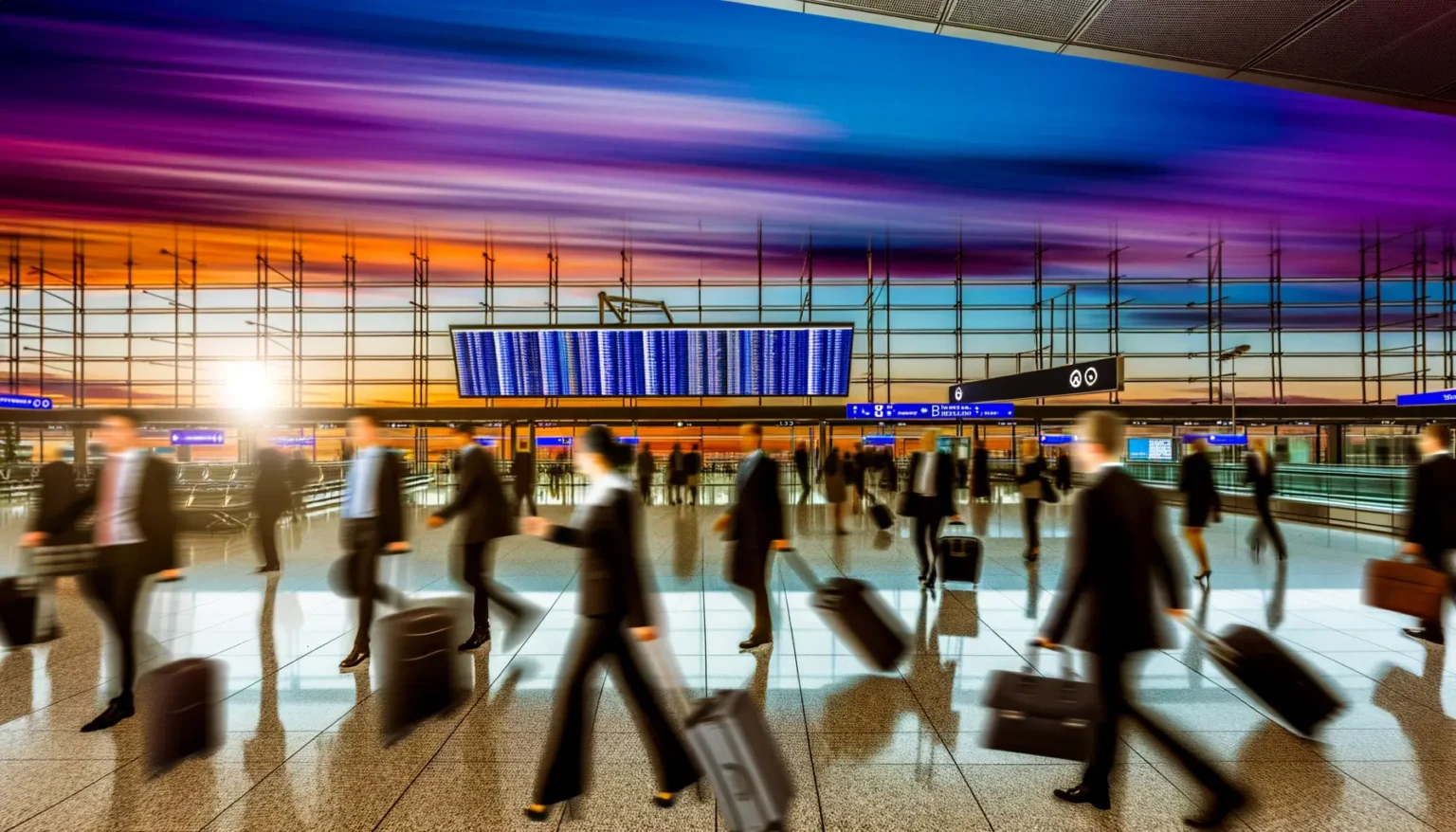 Bewegte Menschen mit Koffern auf einem belebten Bahnhof mit einer großen Anzeigetafel für Abfahrtszeiten im Hintergrund, die den Eindruck von Eile und Geschäftigkeit vermitteln, während der Himmel durch das große Fenster in dynamischen Orange- und Violetttönen leuchtet.