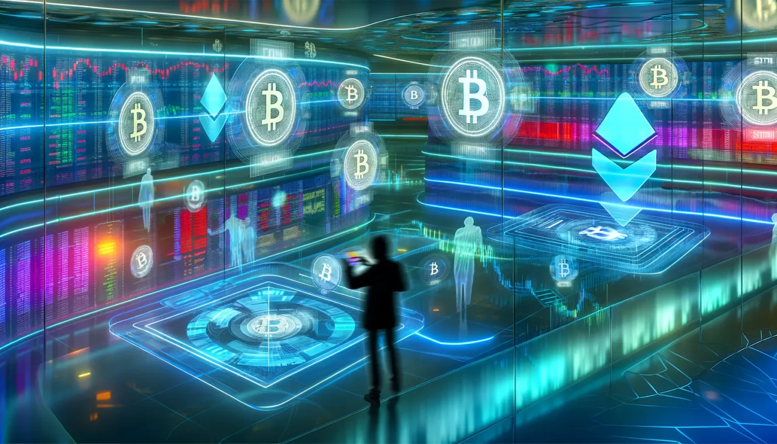Eine Person steht in einem futuristischen Raum mit holografischen Darstellungen von Kryptowährungssymbolen wie Bitcoin und Ethereum. Im Hintergrund sind digitale Börseninformationen und Diagramme zu sehen.