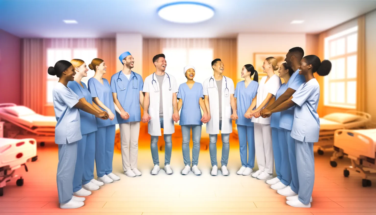 Eine Gruppe lächelnder Krankenpfleger und Ärzte in blauer Berufskleidung, die sich in einem Krankenhausflur gegenüberstehen und die Hände voneinander halten, wobei Krankenhausbetten und leuchtende Fenster im Hintergrund zu sehen sind.