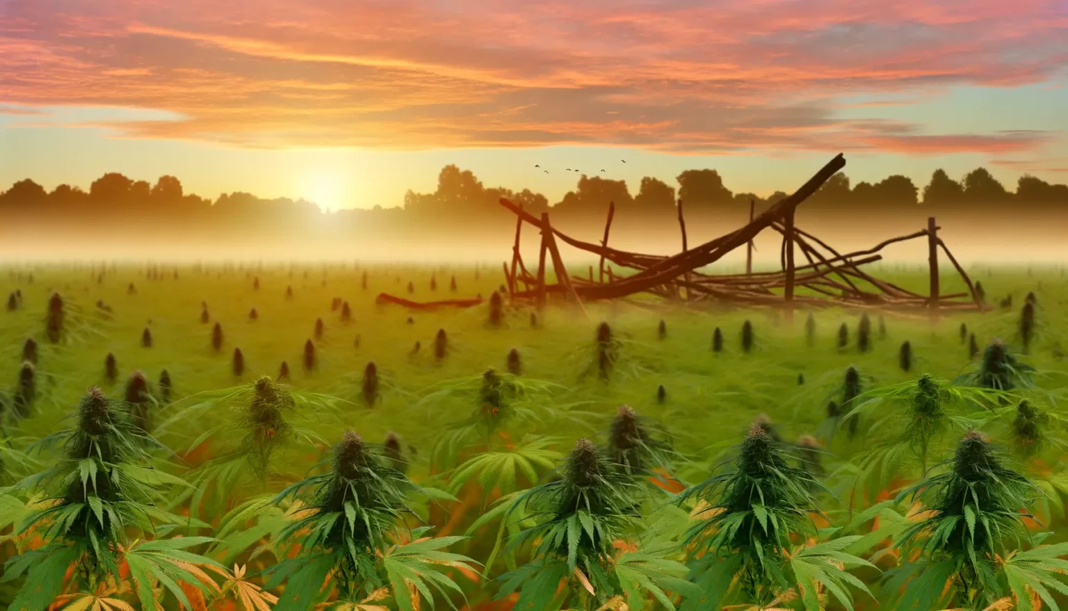 Ein idyllisches Feld mit Cannabis-Pflanzen im Vordergrund, verwitterte Holzzäune und Überreste einer Struktur sind im Mittelgrund sichtbar; im Hintergrund erheben sich Bäume vor einem leuchtend rot-orange gefärbten Himmel durch den aufgehenden Sonnenschein, während Nebelschwaden über dem Boden schweben.