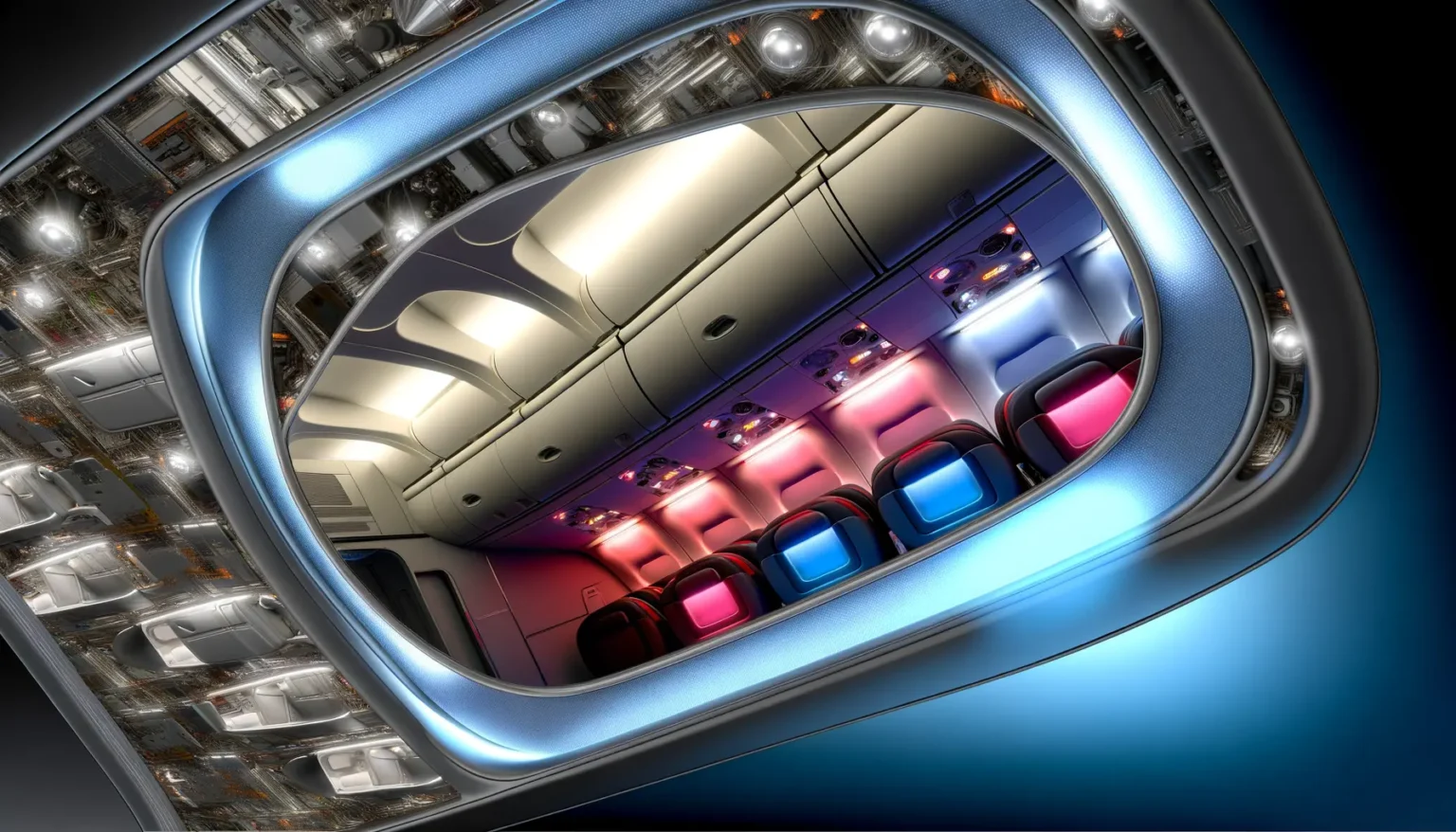 Blick aus der Perspektive eines Flugzeugfensters auf eine modern gestaltete Flugzeugkabine mit bunten Sitzen in Pink, Schwarz und Blau unter einer stilvollen, beleuchteten Decke. Draußen sind komplexe mechanische Details des Flugzeugrumpfs und -flügels sichtbar, was das Bild futuristisch erscheinen lässt.