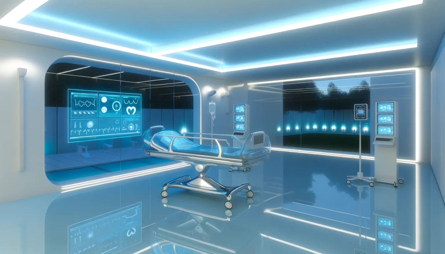 Futuristisches Krankenhauszimmer mit einem modernen, transparenten medizinischen Bett in der Mitte, umgeben von blau beleuchteten Monitoren und Wänden, die medizinische Daten anzeigen. Der Raum hat eine glänzende Oberfläche mit Reflexionen und ist mit Hightech-Geräten und einer ruhigen Außenansicht durch Fenster ausgestattet.