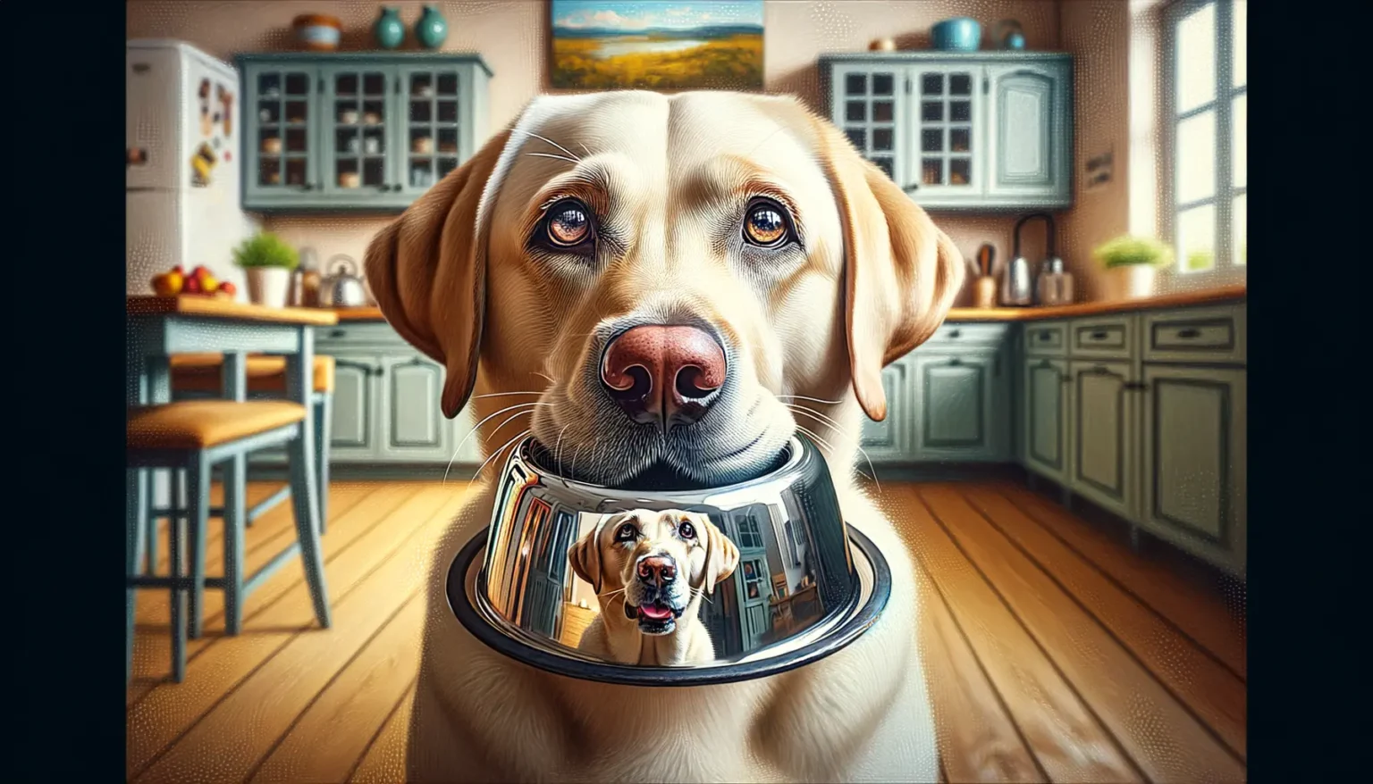 Ein gelber Labrador Retriever trägt einen metallenen Futternapf im Maul, der sein Spiegelbild zeigt, während er in einer gemütlichen Küche mit traditionellem Dekor steht.