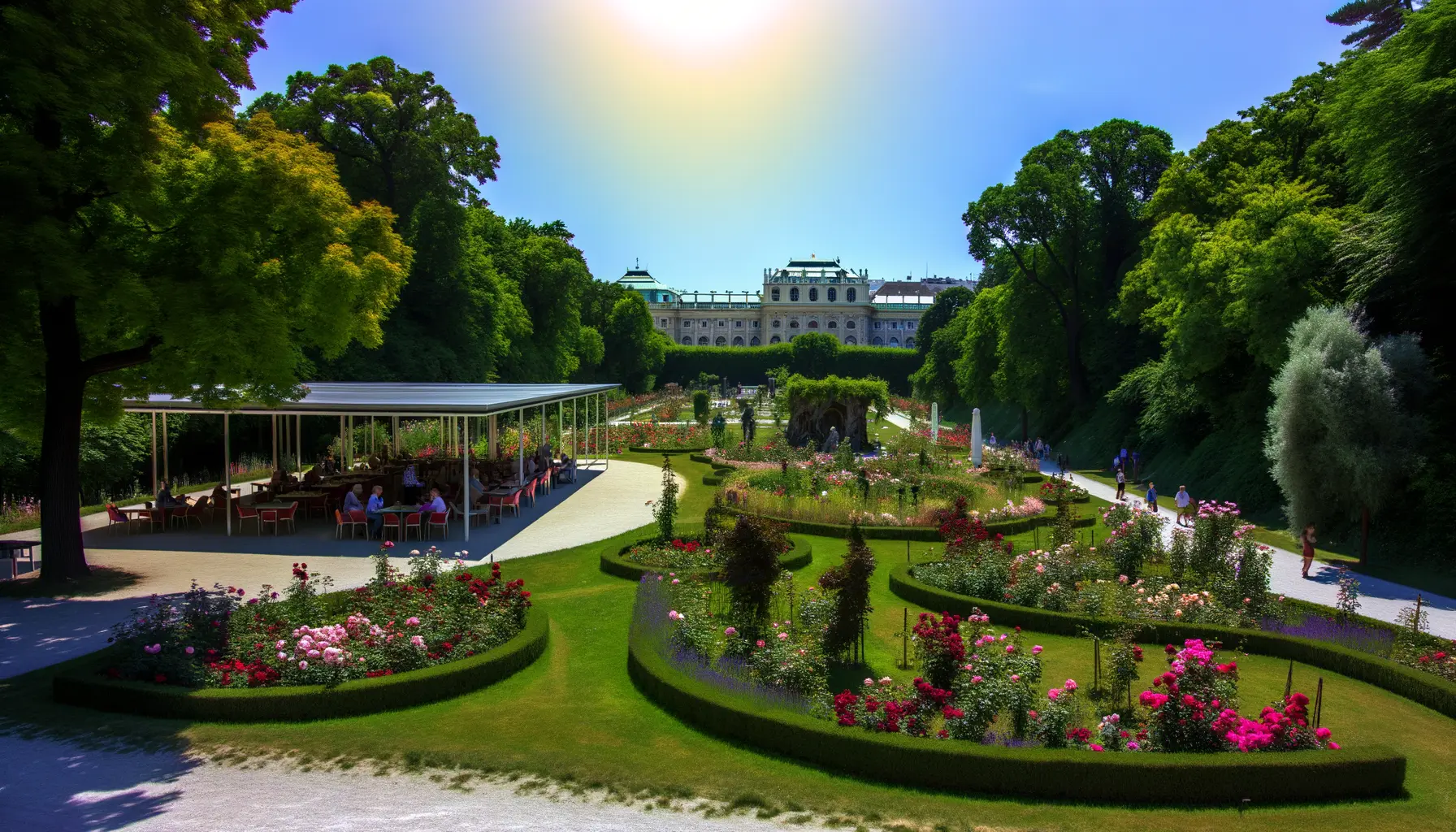 Idyllische Ansicht eines Privatgartens in Wien im Sonnenschein