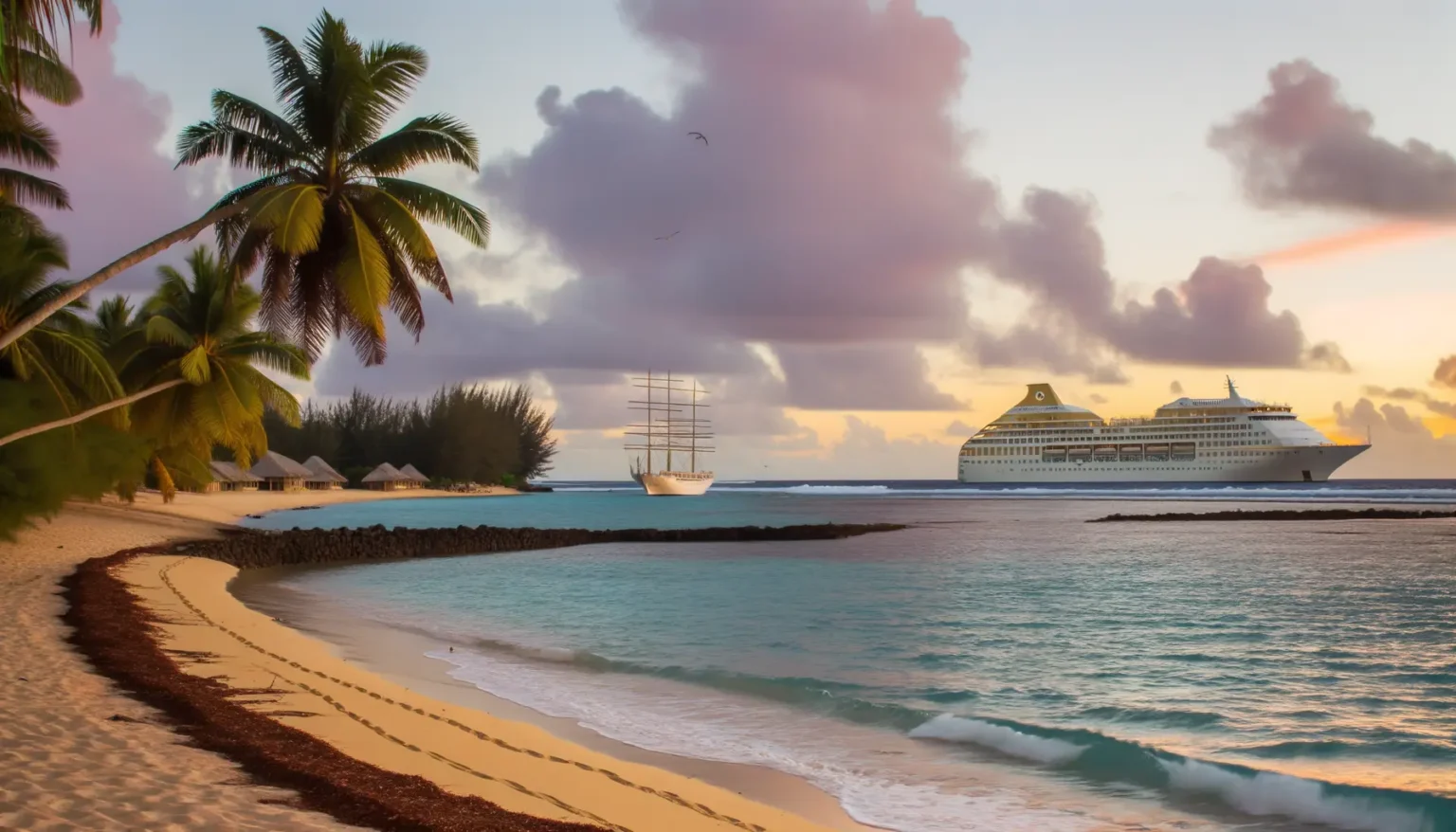 Eine idyllische tropische Strandansicht bei Sonnenuntergang mit Palmen, einem Segelschiff und einem großen Kreuzfahrtschiff auf ruhigem Meer, begleitet von einem rosa getönten Himmel, der von ein paar Vögeln durchkreuzt wird.