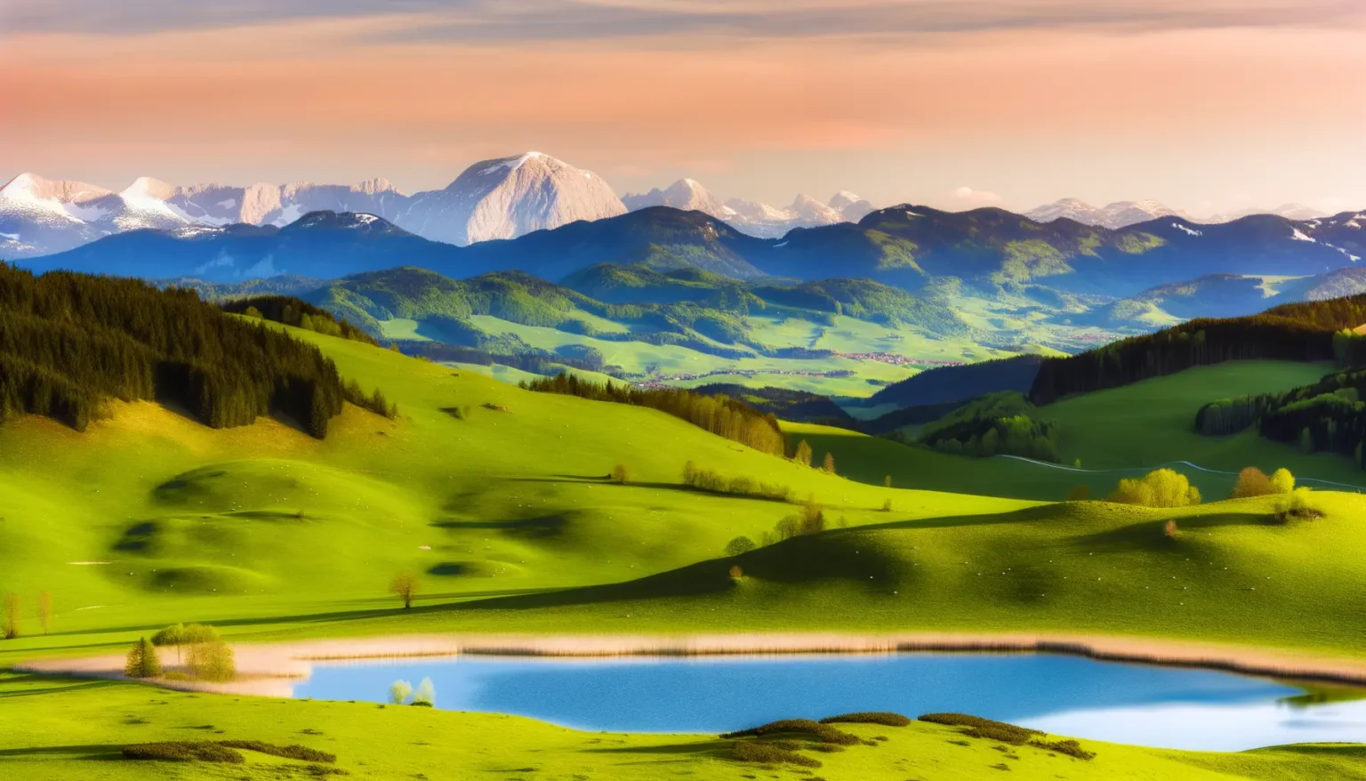 Panoramablick auf eine malerische Landschaft bei Sonnenuntergang mit leuchtend grünen Hügeln, einem kleinen See im Vordergrund, bewaldeten Bereichen und schneebedeckten Bergen im Hintergrund unter einem pastellfarbenen Himmel.