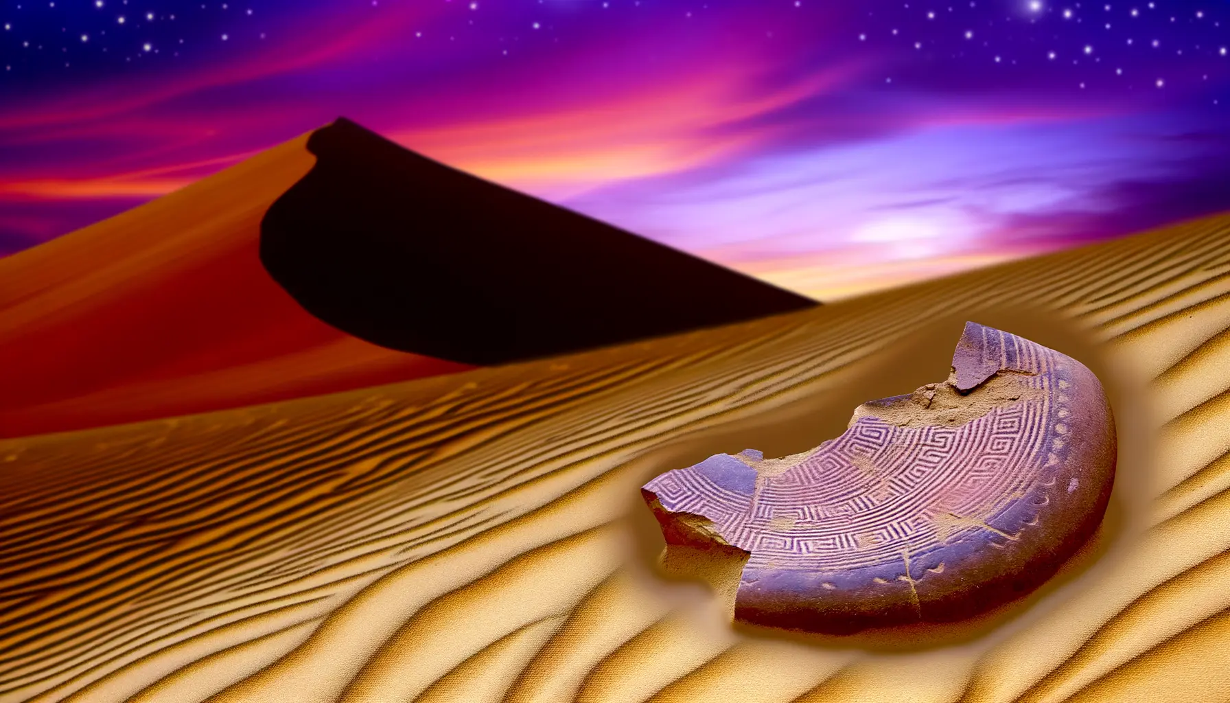 Illustration von alter Töpferware im Wüstensand vor einer Sterndüne