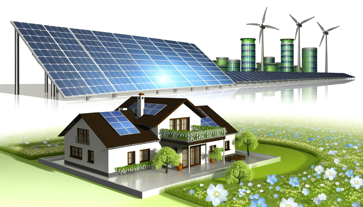 Illustration einer umweltfreundlichen, nachhaltigen Energieversorgung mit einem Haus, das mit Solarmodulen ausgestattet ist, großen Solarpanels im Hintergrund, Windkraftanlagen und grünen Energielagerzylindern auf einer blumenreichen Wiese unter einem klaren Himmel.