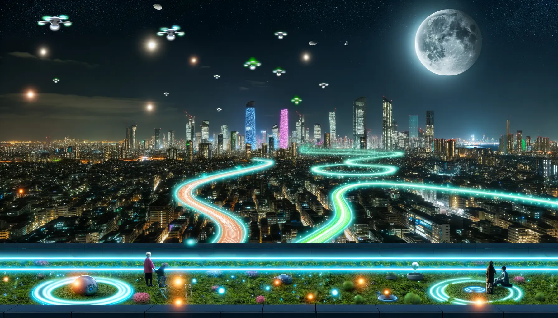 Futuristische Stadtdarstellung bei Nacht