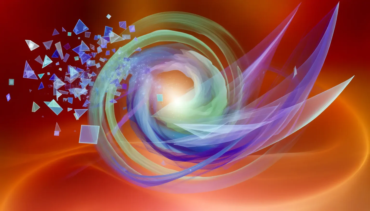 Abstrakte Darstellung eines Wirbels mit mehreren Schichten farbiger, transparenter Wellen und zerbrochenen geometrischen Formen auf einem rot-orange Hintergrund, die eine dynamische und energetische Atmosphäre schaffen.