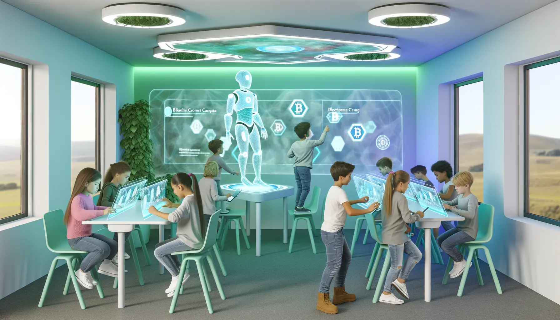 Interaktiver futuristischer Klassenraum mit Kindern
