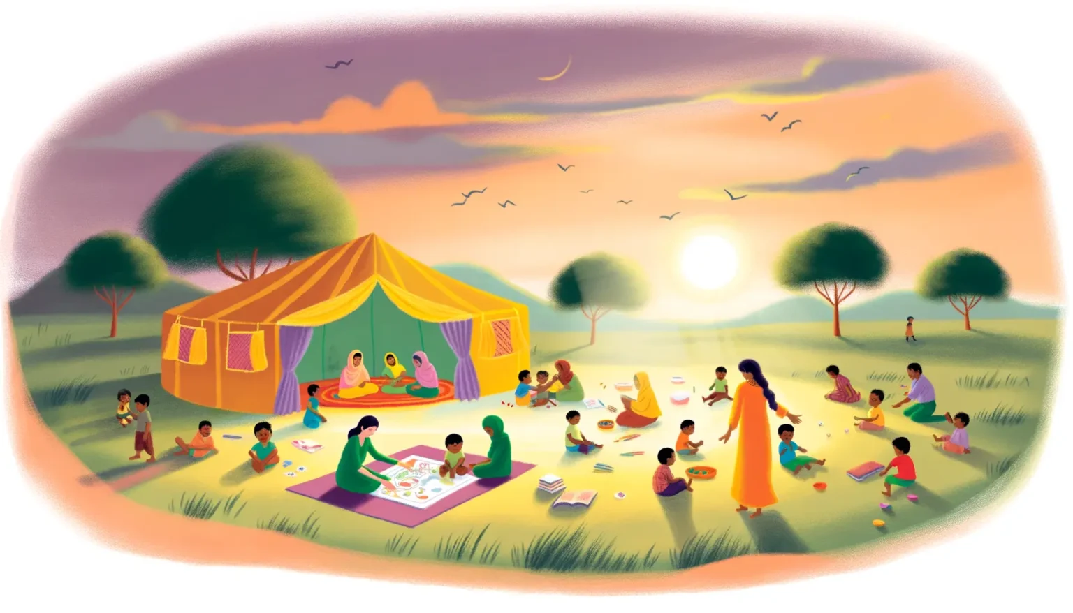 Eine illustrierte Szene eines Picknicks bei Sonnenuntergang mit mehreren Menschen, hauptsächlich Kindern, die auf dem Gras verteilt sind. Einige sitzen auf Decken und spielen Brettspiele, andere unterhalten sich oder beschäftigen sich mit Aktivitäten. Im Hintergrund befindet sich ein großes, farbenfrohes Zelt und der Himmel ist in warme Abendfarben getaucht, während Vögel am Himmel fliegen. Ein Gefühl von Gemeinschaft und Entspannung wird vermittelt.