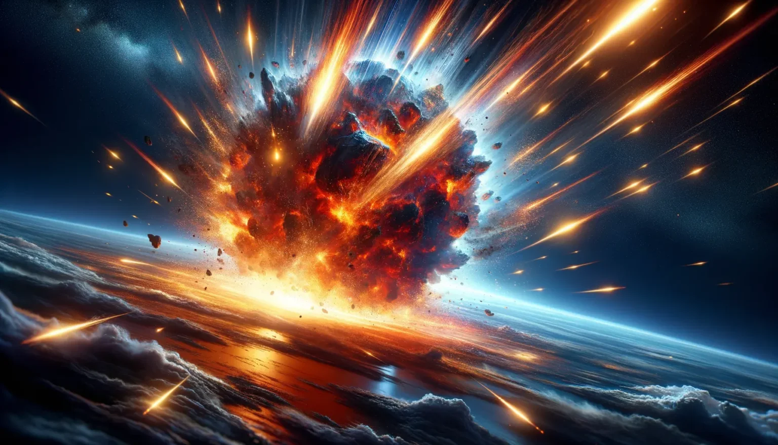 Eine dramatische Raumexplosion mit intensiven roten und orangefarbenen Flammen und funkelnden Trümmern, die sich gegen den dunklen Sternenhimmel und eine Planetenoberfläche ausbreiten.