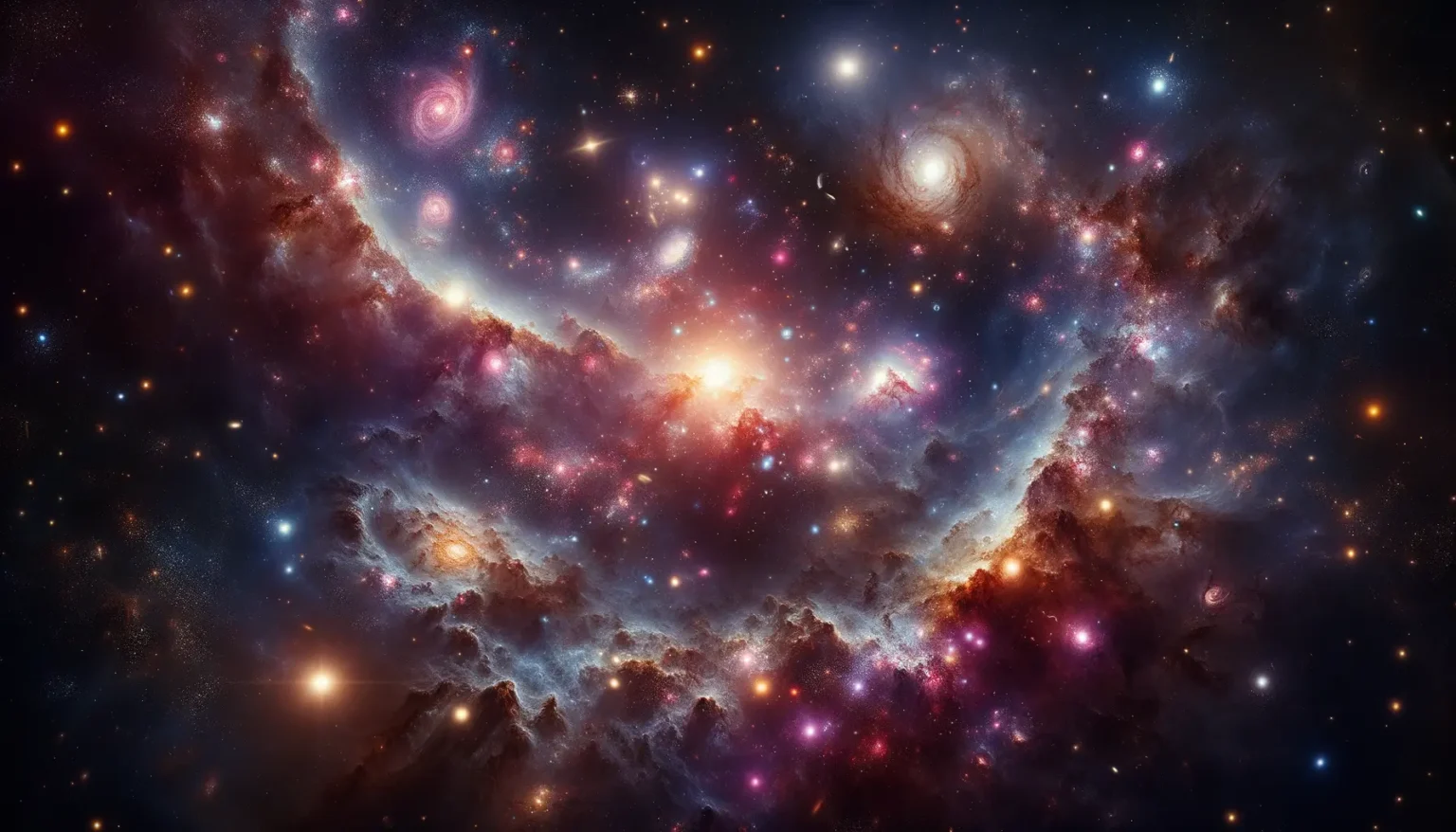 Eine lebendige Darstellung des Kosmos mit mehreren Galaxien, leuchtenden Sternen und farbenfrohen Nebelflecken. Helle Bereiche sind mit dunkleren Staubwolken kontrastiert und erzeugen ein tiefes, dreidimensionales Bild des Universums.