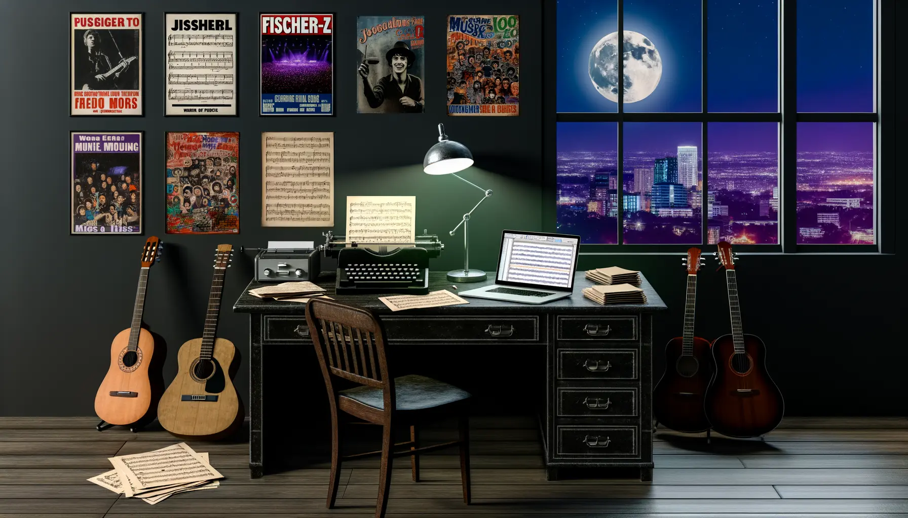 Kreatives Arbeitszimmer voller Musikinstrumente und Vinylplatten