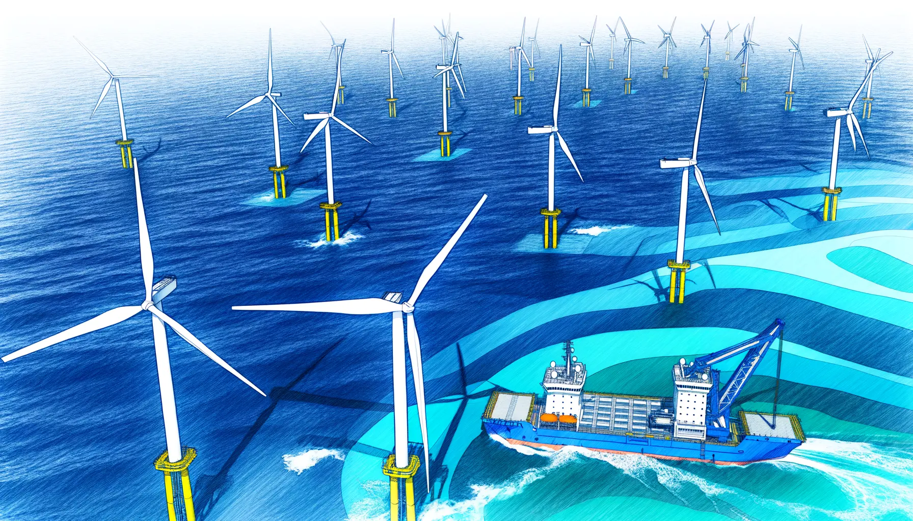 Künstlerische Ansicht von Offshore-Windturbinen im Meer