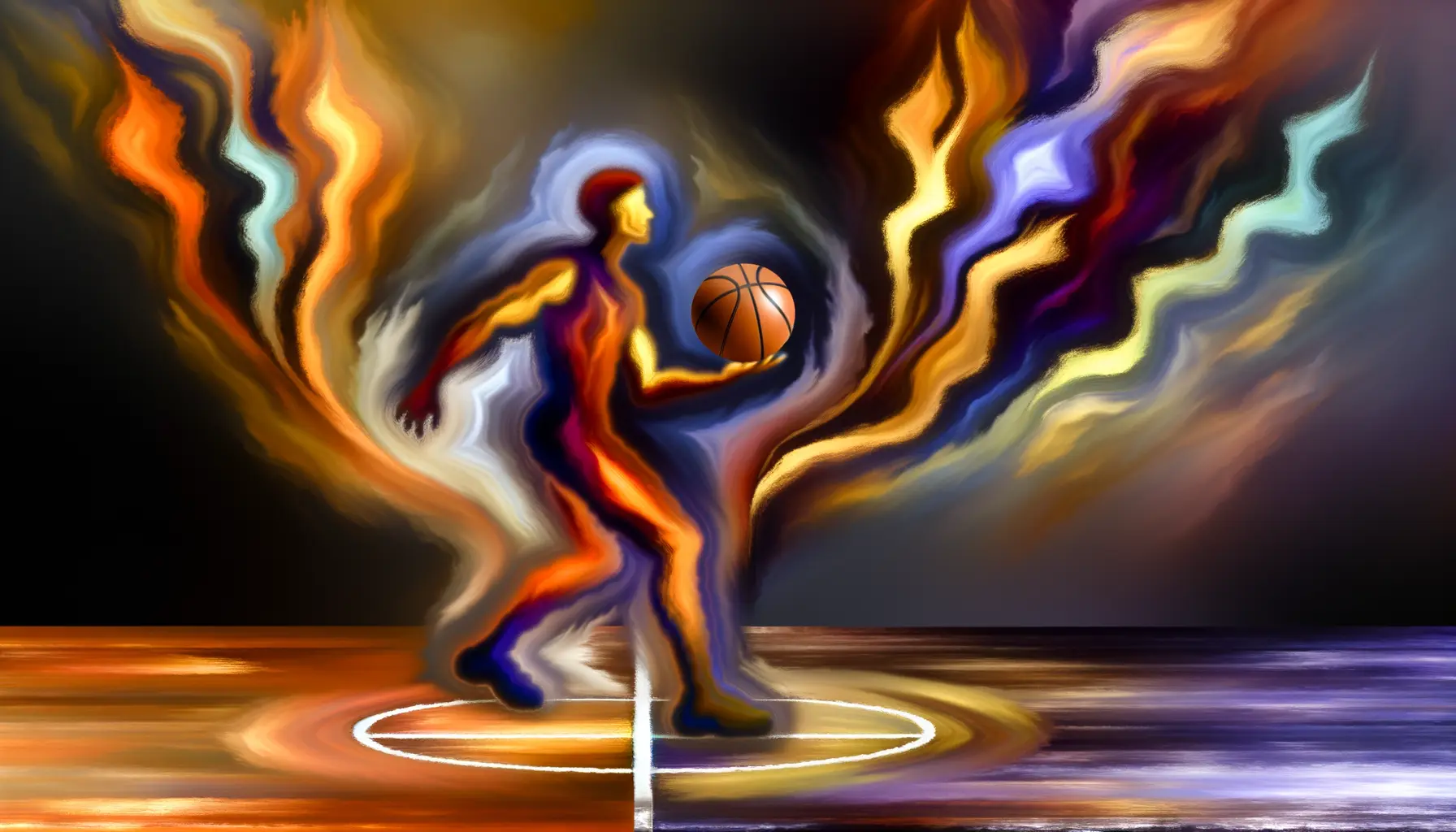 Künstlerische Darstellung eines Basketballspielers im Sprung