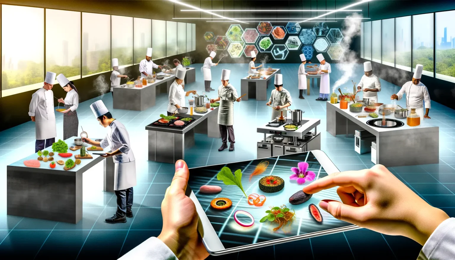 Ein futuristisches Küchenkonzept mit Köchen, die an verschiedenen modernen Kochstationen arbeiten, während digitale Elemente wie schwebende Lebensmittelzellen und Rezeptinformationen in der Luft erscheinen. Im Vordergrund interagiert eine Person mit einem großen Tablet, das virtuelle Nahrungsmittel auf seiner Oberfläche anzeigt. Die Szene kombiniert reale Küchenaktivitäten mit digitalen und holographischen Technologien.