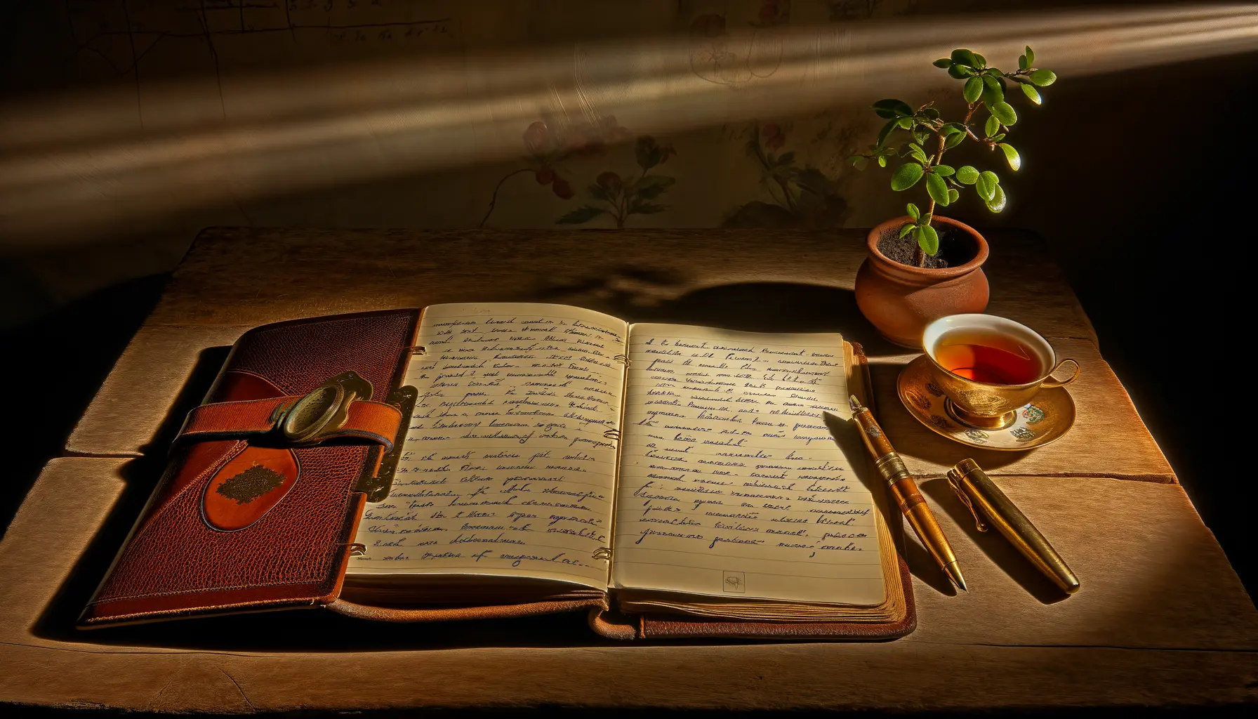 Halbgeöffnetes Tagebuch auf einem Holztisch.