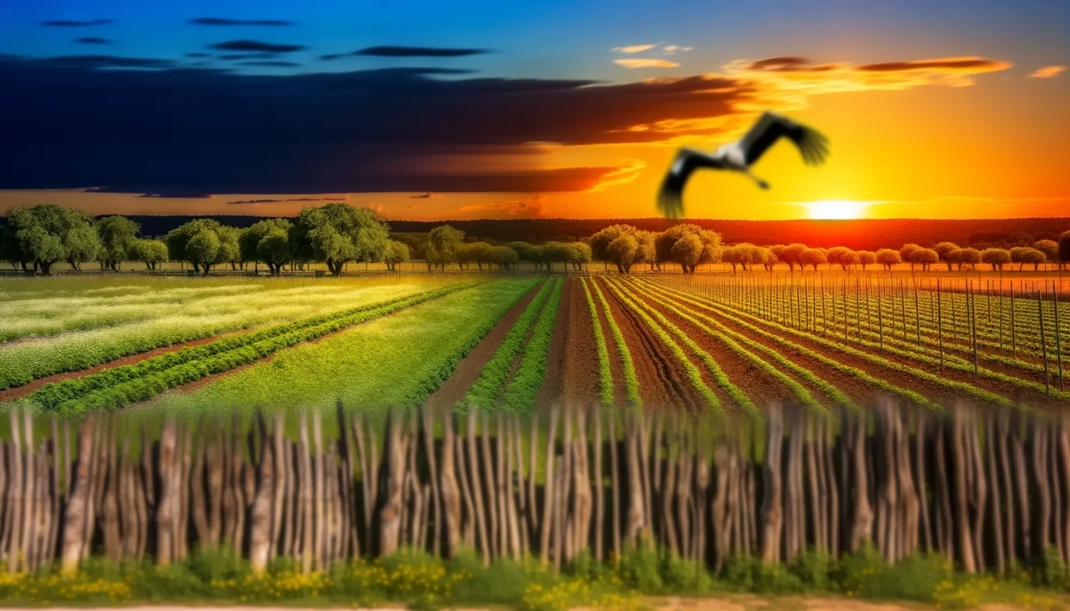 Ein lebhafter Sonnenuntergang über einer malerischen ländlichen Landschaft mit mehreren Reihen angepflanzter Felder in verschiedenen Grüntönen, Obstbäumen im Hintergrund und einem Zaun im Vordergrund. Im rechten Bereich des Bildes ist ein unscharfer Vogel im Flug gegen den Himmel mit warmen Orangetönen zu sehen.
