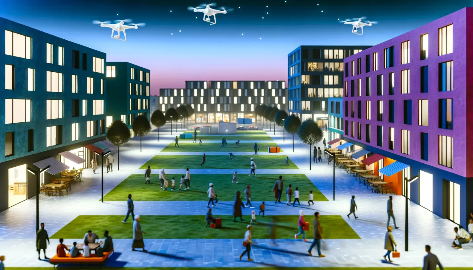 Blick auf eine futuristische städtische Promenade in der Dämmerung mit Menschen, die flanieren und sitzen, umgeben von modernen mehrstöckigen Gebäuden in leuchtenden Farben. Über dem Platz schweben einige Drohnen im hellen Abendhimmel.
