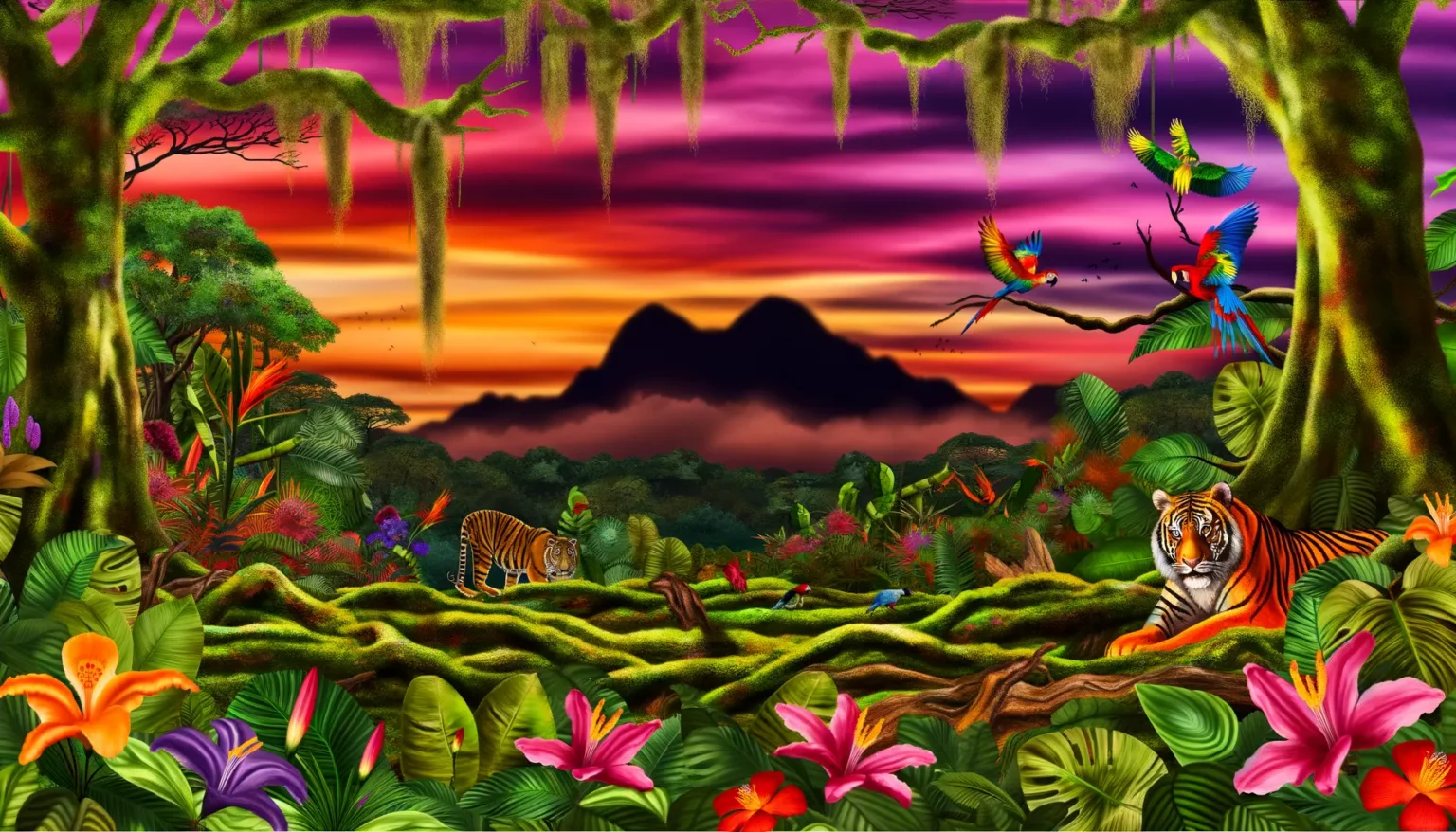 Buntes und detailliertes Bild eines tropischen Regenwaldes bei Sonnenuntergang mit lebhaften Farben im Himmel, reichhaltiger Vegetation und verschiedenen Tierarten. Zwei Tiger ruhen sich im Vordergrund aus, umgeben von farbenfrohen Blumen. Papageien fliegen und sitzen auf den Ästen der Bäume, und im Hintergrund zeichnet sich die Silhouette eines Berges gegen den dramatisch gefärbten Himmel ab.